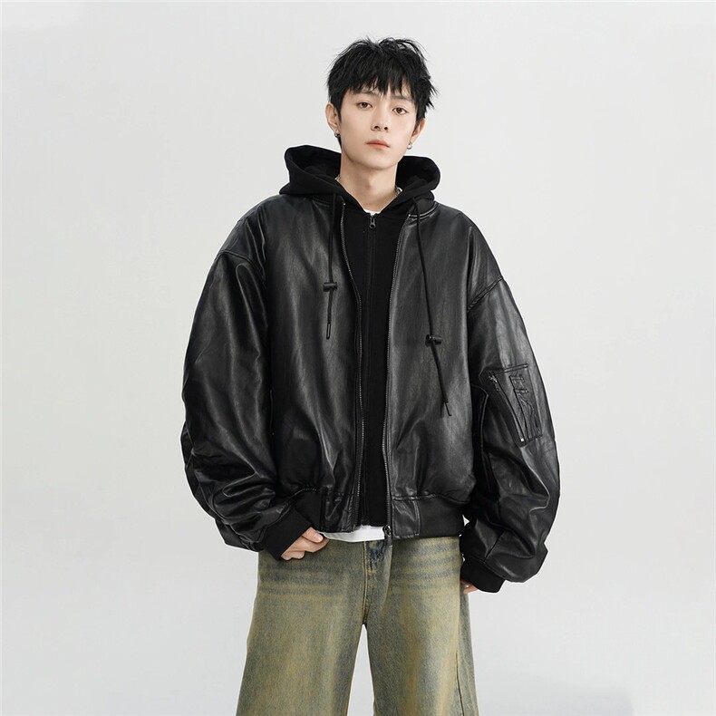 美式重磅bomber假两件拼接连帽加厚pu皮外套男女图片