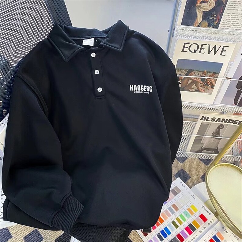 加绒POLO衫男韩版潮流字母印花高街帅气2023冬季ins卫衣WB223-P40,男装Polo衫,星座412-2