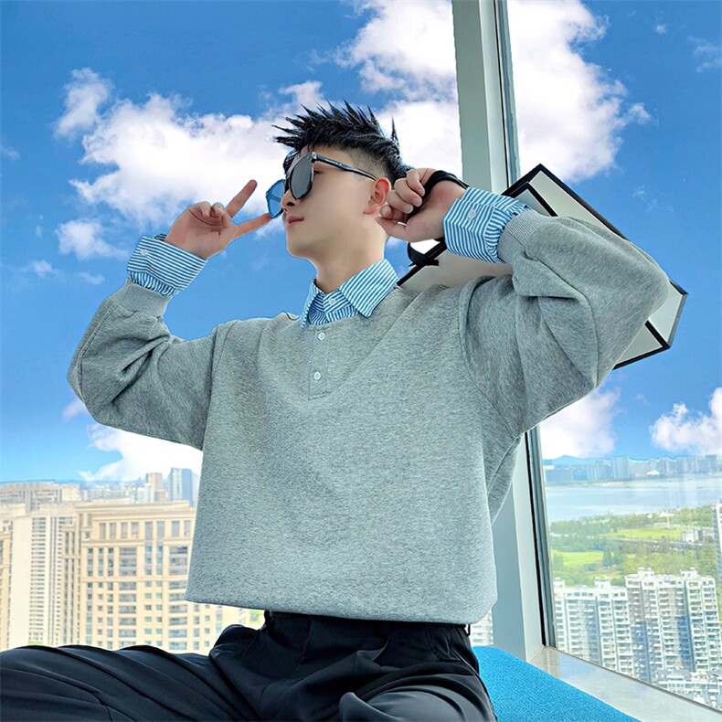 AW206/P78控108秋季社会小伙假两件百搭撞色拼接打底卫衣男黑首,男装T恤,星座305B-1
