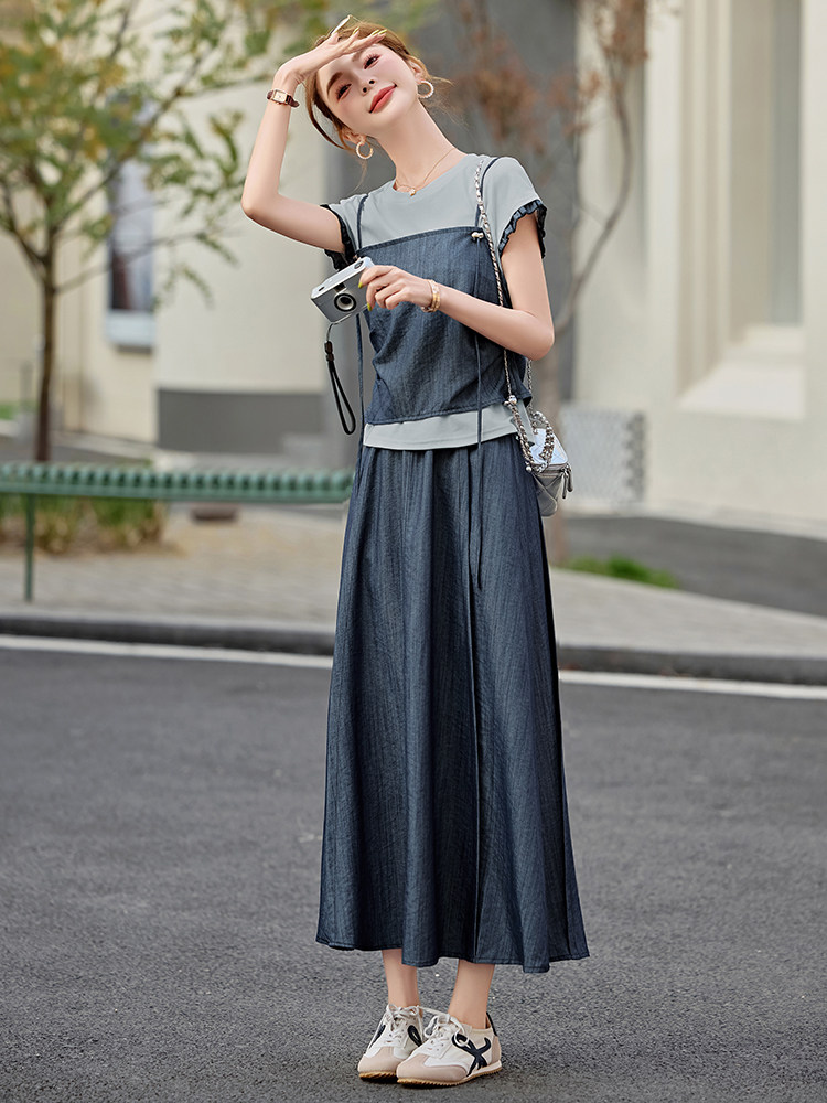 2025夏季新款套装短袖T恤吊带马甲背心半身裙三件套时尚女装,女装套装/套裙,曼娅璐