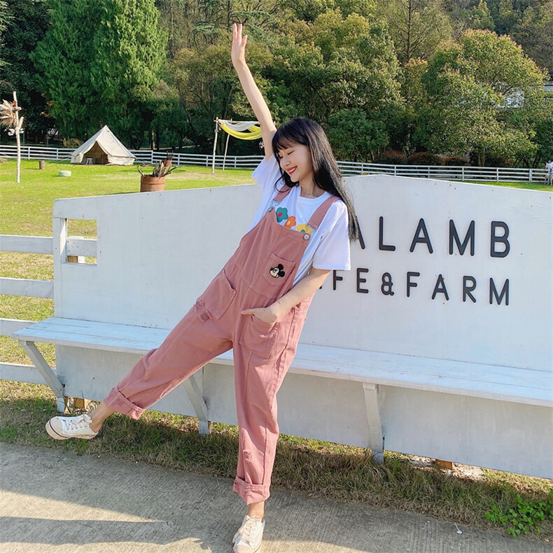 甜美粉色工装背带裤套装女春夏2025新款小个子韩版宽松休闲直筒裤,女装休闲裤,淑塔可可