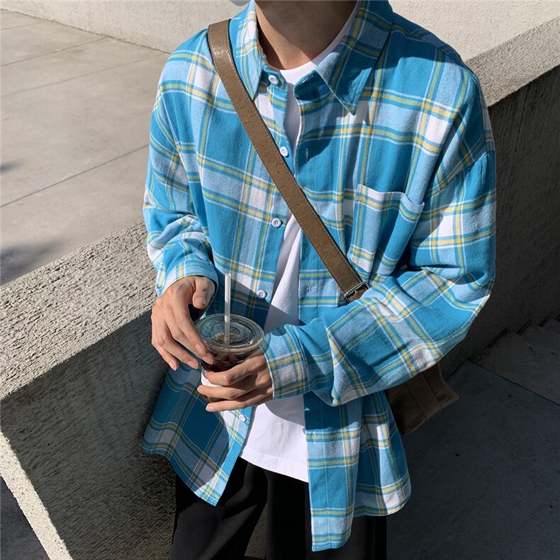B413-1-DX856春秋款蓝色格子衬衫男女长袖韩版潮流休闲潮牌上衣,男装衬衫,电商B413-1