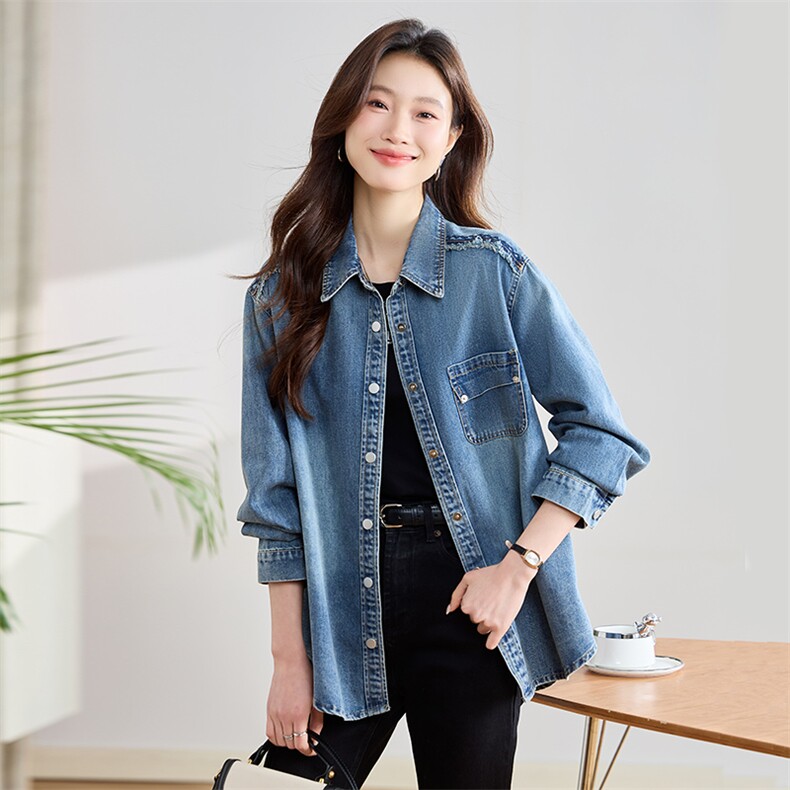 牛仔衬衫女春秋季2025新款高级感女士叠穿内搭上衣早春薄款外套图片