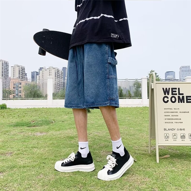 牛仔短裤男款夏季薄款宽松工装五分裤美式潮牌高街直筒松紧腰中裤图片