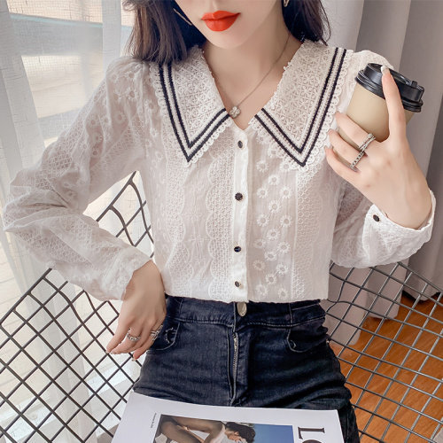 娃娃领雪纺衬衫女2021秋季新款潮洋气棉布绣花薄款长袖上衣女,女装衬衫,潮品会