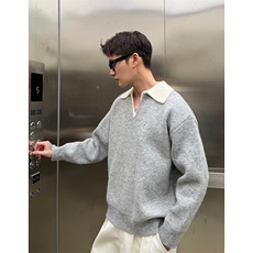 重磅北极绒假两件衬衫领毛衣美式高街复古休闲慵懒纯色翻领针织衫，男装针织衫/毛衣，电商A486-1