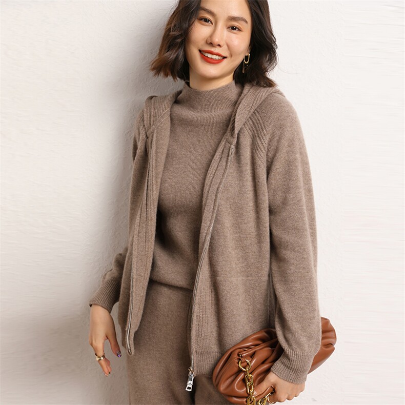 连帽羊绒开衫女2024秋冬新款山羊绒宽松毛衣针织图片