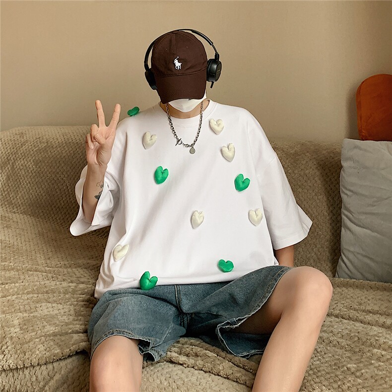 1港风运动情侣大码M-5XL嘻哈网红小爱心圆领短袖T恤DT7742P55控78，男装T恤，星座226-2