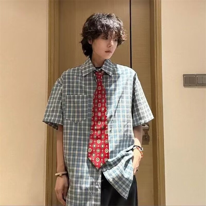 夏季2025新款美式格子短袖衬衫男款潮流帅气情侣宽松防晒衬衣外套,男装防晒衣,星座506A