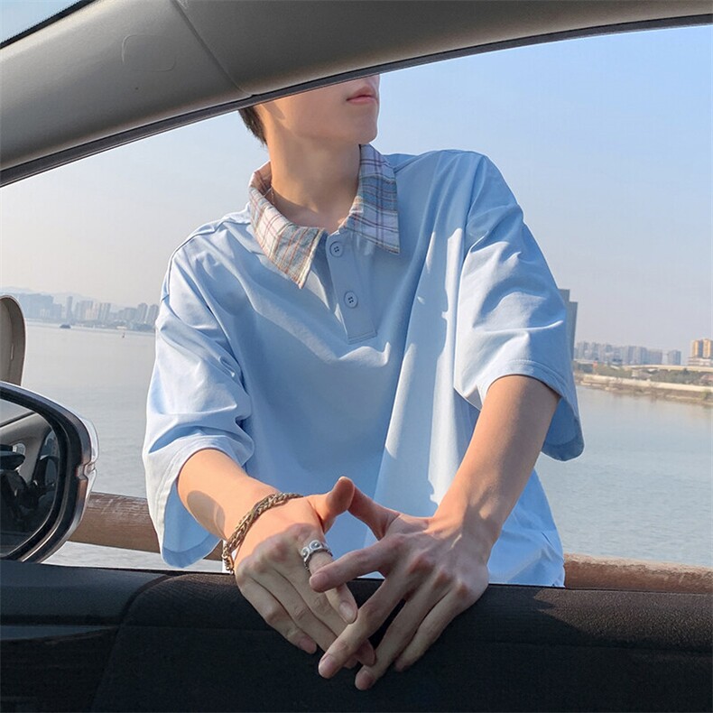 得物抖音品质二开冰感面料美式潮牌格子翻领POLO衬衫短袖T恤,男装T恤,电商A486-1