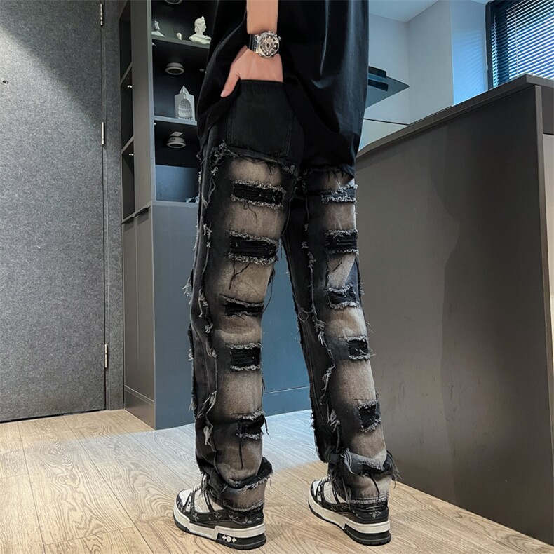 暗黑复古补丁破洞拼接牛仔裤男高街美式水洗做旧直筒N03302-P63,男装牛仔裤,星座308B-2