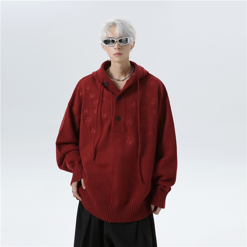 小狗刺绣红色连帽毛衣春秋季针织衫情侣外套22091-p68,男装针织衫/毛衣,电商C307
