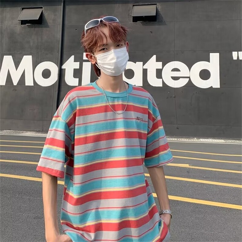 夏季潮牌短袖男日系情侣条纹T恤港风ins潮流复古体恤上衣，男装T恤，星座716-2