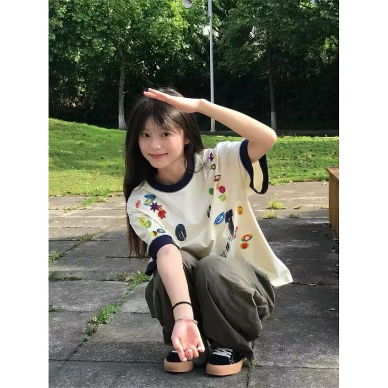 H0998-P35现货#原版打网做法包边拉肩休闲宽松短袖T恤,女装T恤,星座617A-2