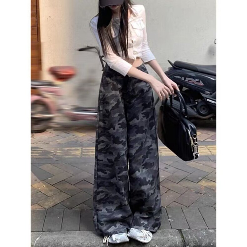 复古迷彩口袋洋气阔腿工装裤女春季2025新款美式辣妹高腰休闲长裤,男装牛仔裤,星座218-8