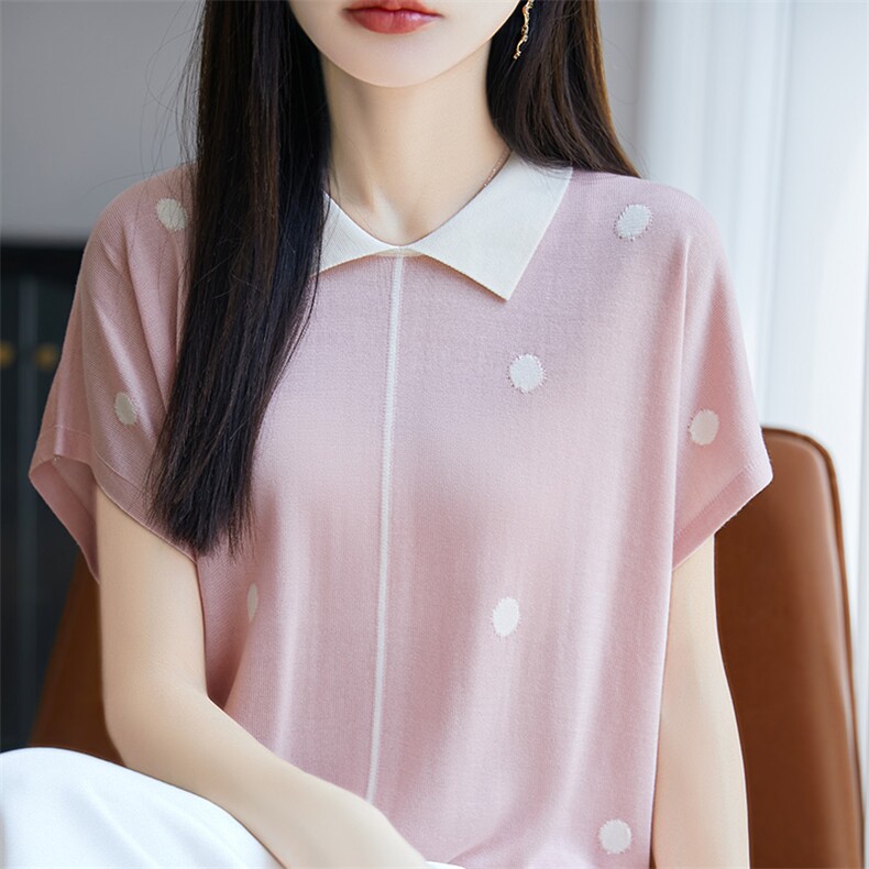 2025年秋季不连帽短袖POLO领针织衫时尚百搭,女装T恤,暖圣羊羊绒
