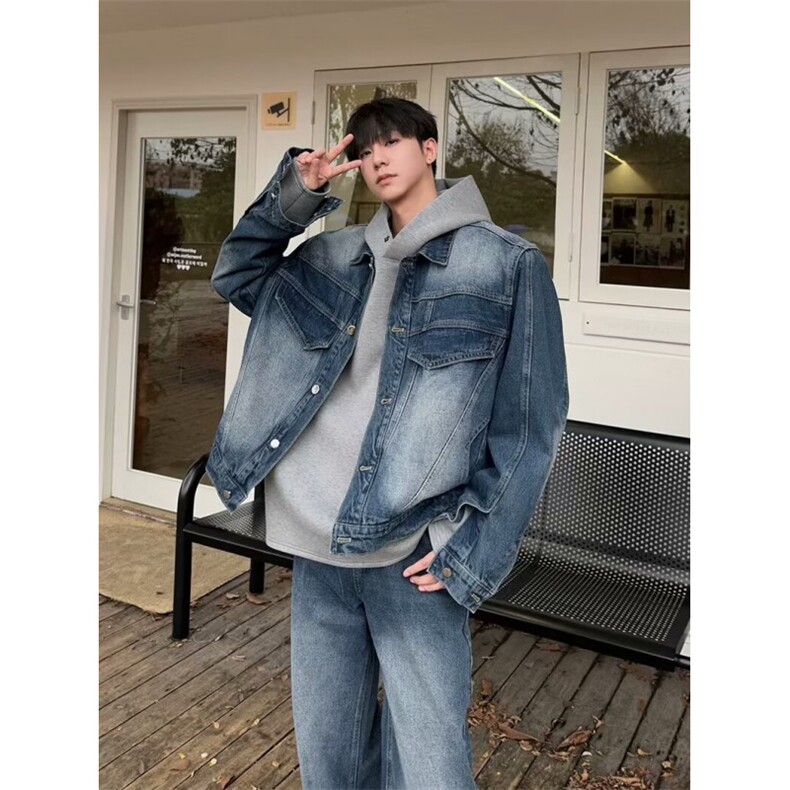 小众复古水洗牛仔夹克男春秋季美式设计感宽松做旧休闲风解构外套，男装夹克，星座813-2