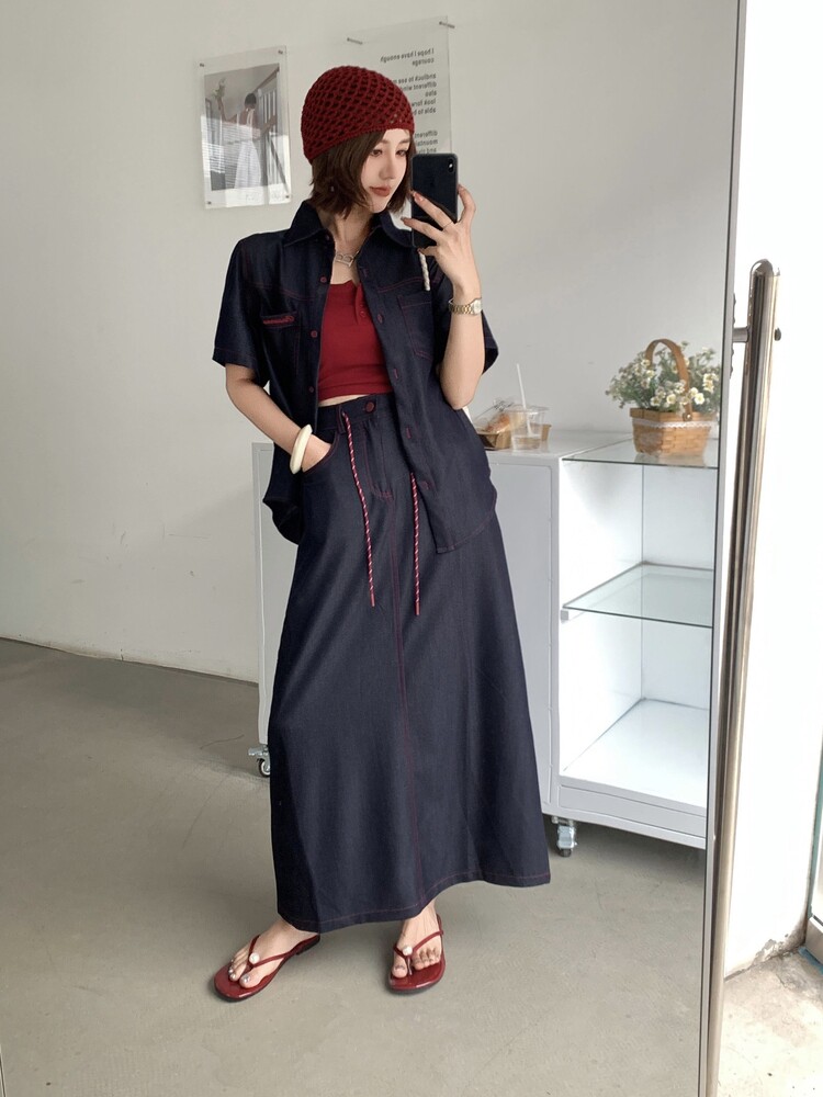 （新款现货）2026夏装短袖大版宽松明线天丝牛仔套装两件套,女装套装/套裙,印象茜