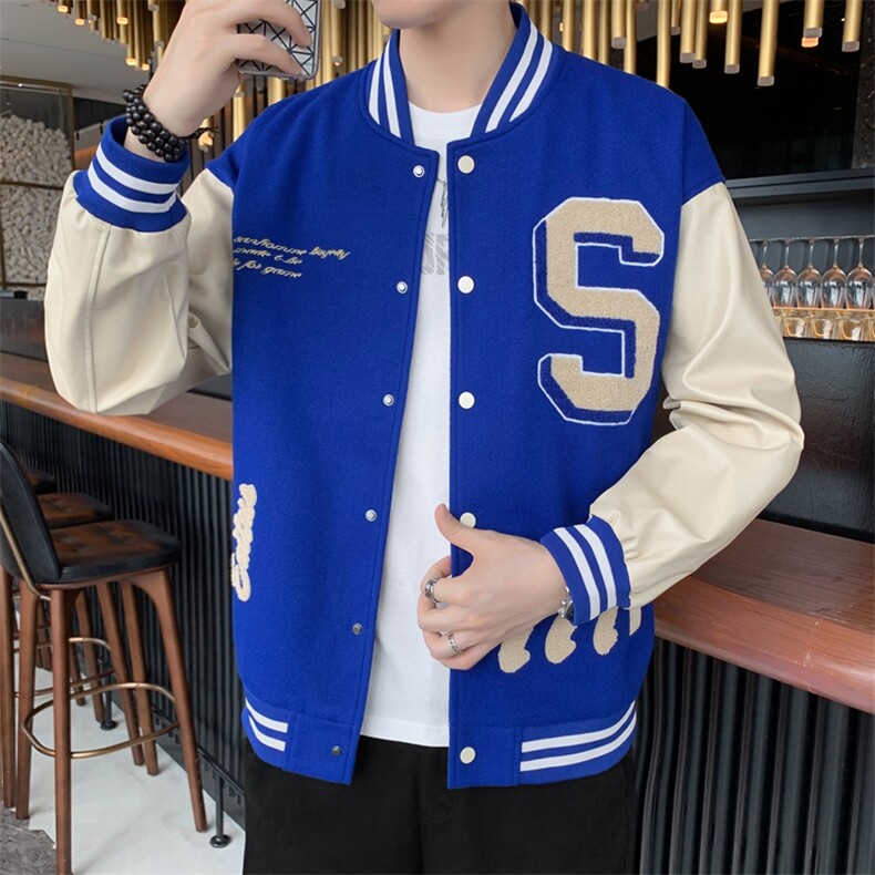 美式棒球服男秋刺绣毛呢皮袖夹克青少年港风ins潮外套JK01-P100,男装夹克,星座308B-2