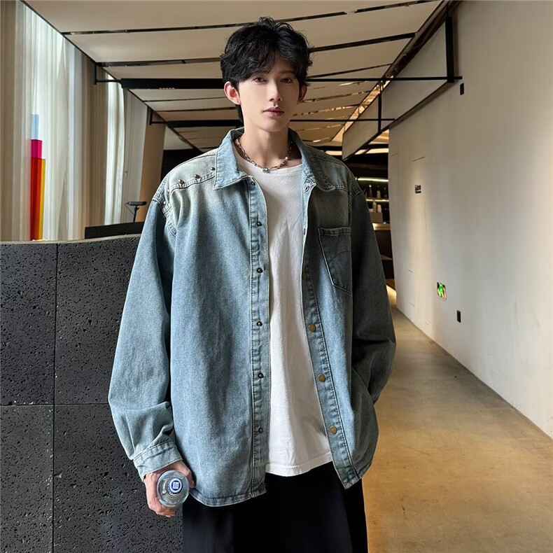 复古水洗扎染柳钉牛仔衬衫男款痞帅宽松长袖做旧衬衣外穿2559P57,男装衬衫,星座410-2