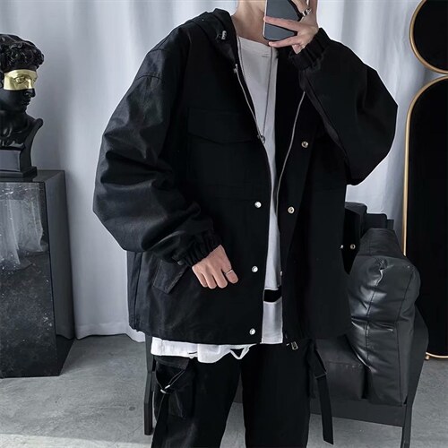 暗黑系春秋宽松外套男士ins韩版潮流机能风工装夹克百搭SY32-p65图片