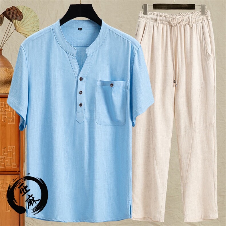 夏男士唐装亚麻短袖T桖大码套装风棉麻短袖套装-P116，男装民族服装，星座1105-3
