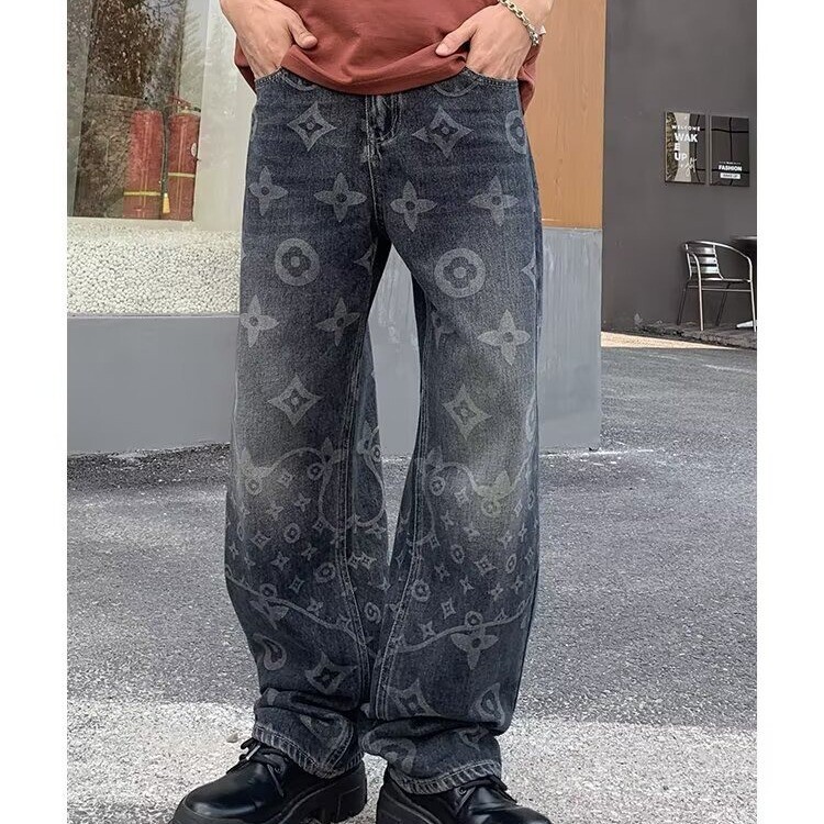 满印提花牛仔裤男秋季美式高街vibe直筒宽松阔腿潮牌痞帅炸街裤子,女装休闲裤,星座218-8