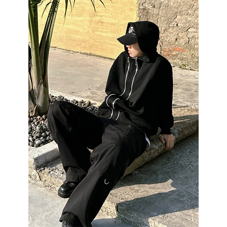 B221美式ins高街双拉链宽松开衫卫衣连帽外套SY2319-P95控128,男装卫衣,电商B221