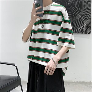 夏季港风条纹休闲宽松短袖T恤衫男装大码潮流上衣D201-DM511-P30图片
