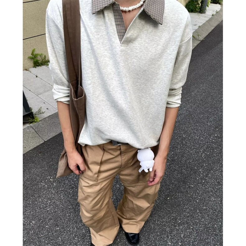 DP0605-P35简约格子假两件polo翻领卫衣长袖打底衫无帽套头上衣,男装Polo衫,电商C233