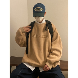 麂皮绒卫衣男春季潮牌外套男生宽松大码圆领衣服-JK23101-P45控69图片