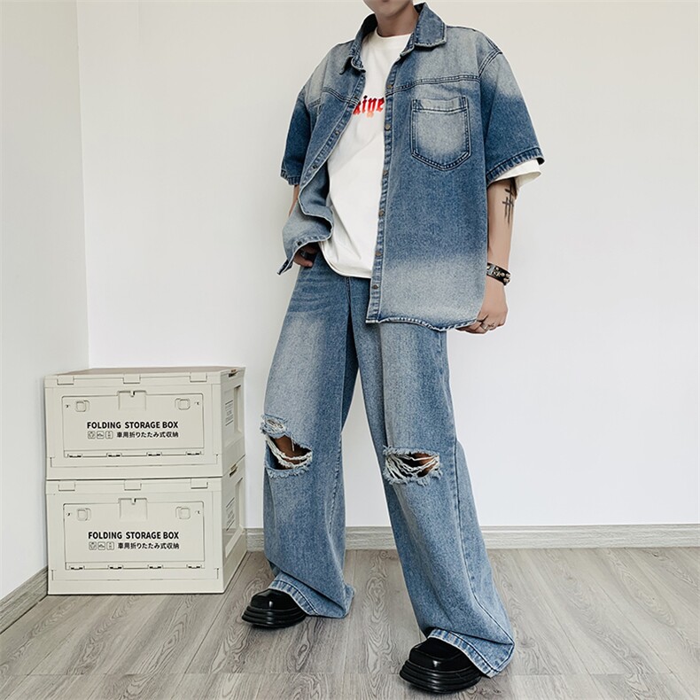 夏季牛仔短袖衬衫男休闲套装潮牌男装搭配一套衬衣服TZ0624-P100图片