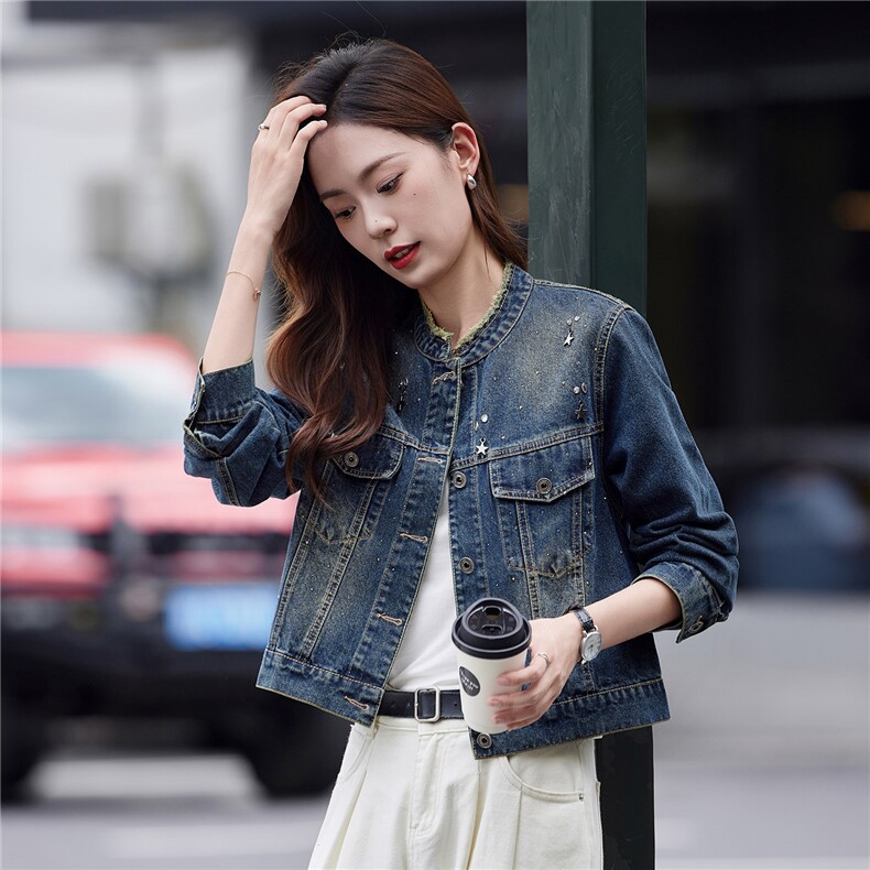 牛仔外套女短款2025年春秋新款妈妈时尚设计感宽松休闲复古夹克,女装短外套,靓衣阁
