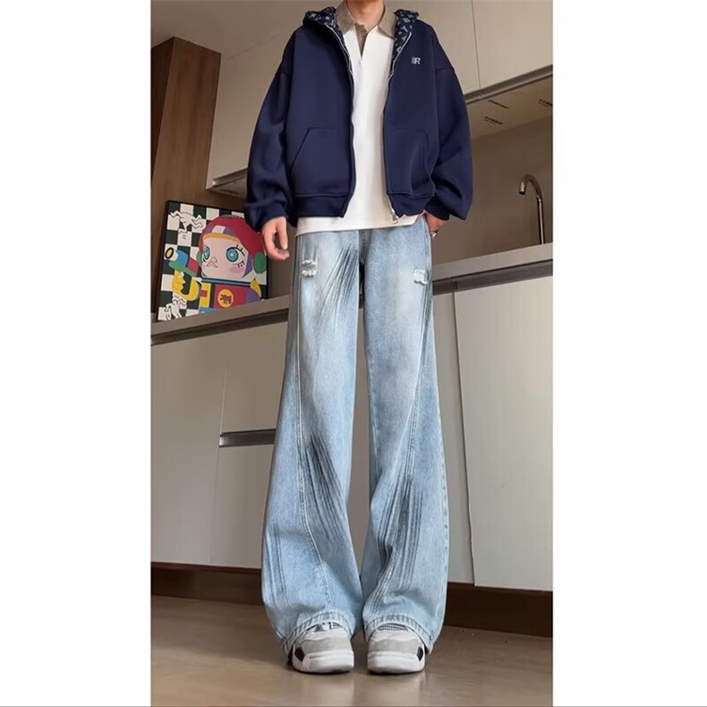复古水洗男女阔腿牛仔裤宽松慵懒风秋冬2026新款高腰垂坠感直筒裤图片