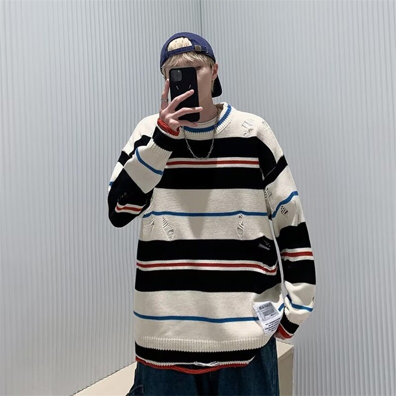 潮牌小众破洞设计感条纹毛衣男慵懒风宽松针织Z857-P40,男装针织衫/毛衣,星座1109-3