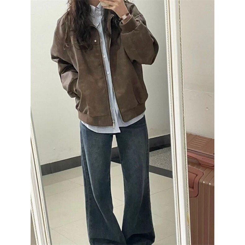 美式复古棕色翻领外套春秋2025新款皮衣高级感情侣夹克机车上衣,男装皮衣,星座601-1