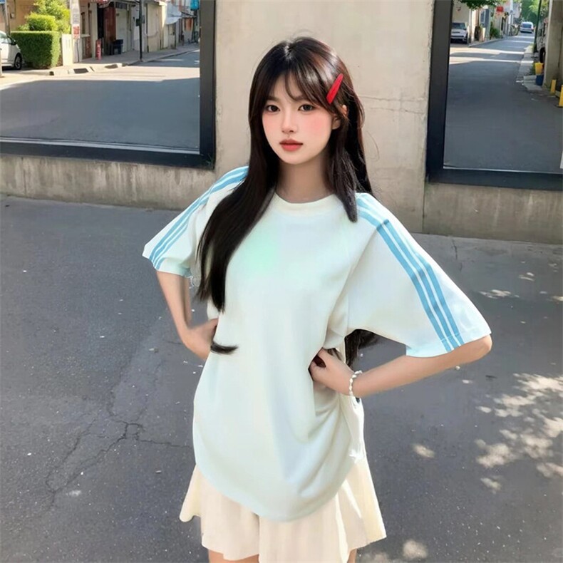 抖音得物品质二开240克宽松纯棉美式潮牌印花三条杠中性风短袖T恤,男装T恤,电商A486-1