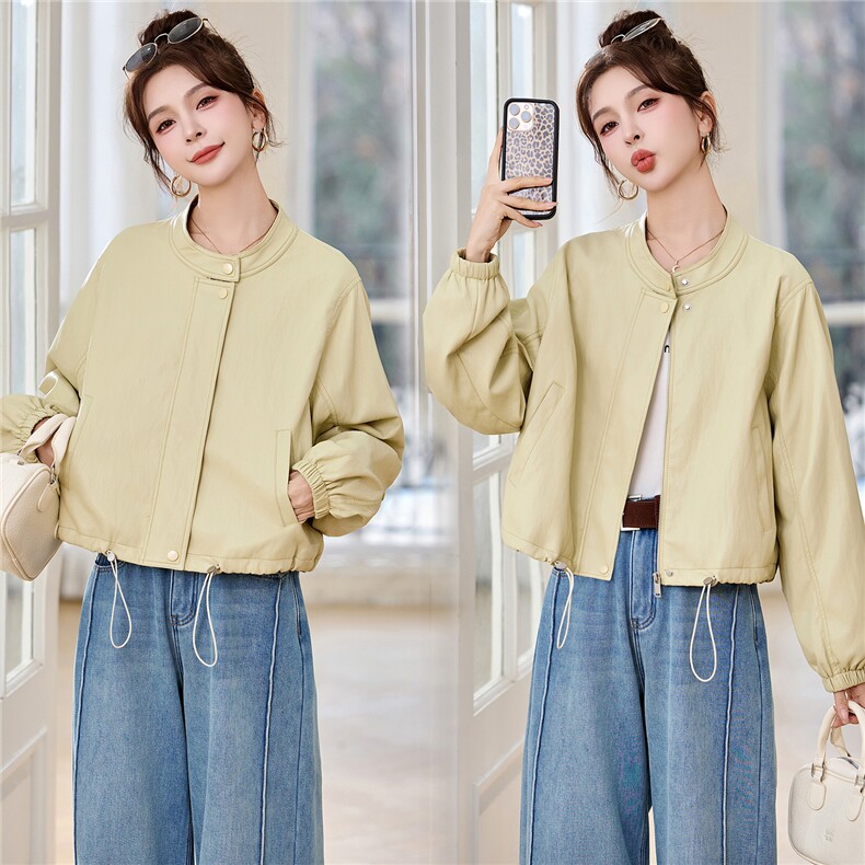 新款2026年春季时尚抽绳蛋白皮短外套，女装皮衣，蓝诺裳