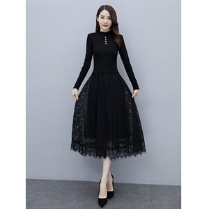 2023秋季新款半高领配花边四颗扣针织线衣蕾丝长款打底连衣裙，女装连衣裙，安之芮娜