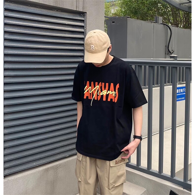 抖音得物210克现货宽松纯棉美式潮牌印花落肩袖纯棉T恤AT21117,男装T恤,电商A443
