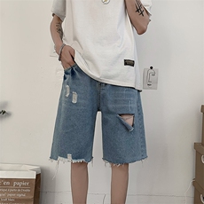 夏季情侣5分牛仔裤港风潮宽松破洞短裤简约五分休闲裤D，男装牛仔裤，星座1008