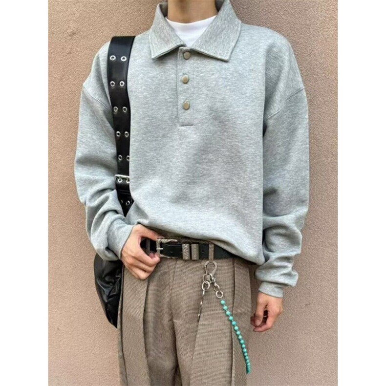 日系复古简约POLO翻领卫衣男女潮牌boxy基础百搭宽松休闲长袖上衣,男装卫衣,星座506A