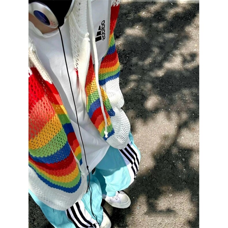 【有货】彩虹镂空连帽针织开衫男女罩衫情侣衬衫外套2401CC-特P48,男装衬衫,星座1007（原301D）