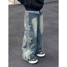 美式高街星星贴布三条杠牛仔裤男女hiphop炸街痞帅小众宽松阔腿裤，男装牛仔裤，四季星座505