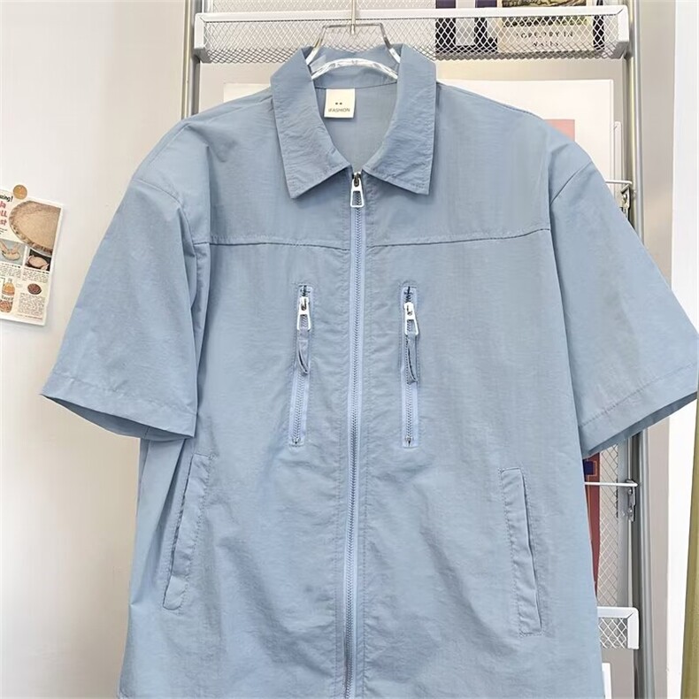 拉链衬衫短袖高街夏季浅蓝工装衬衣带垫肩C1112P38,男装T恤,星座1116-2