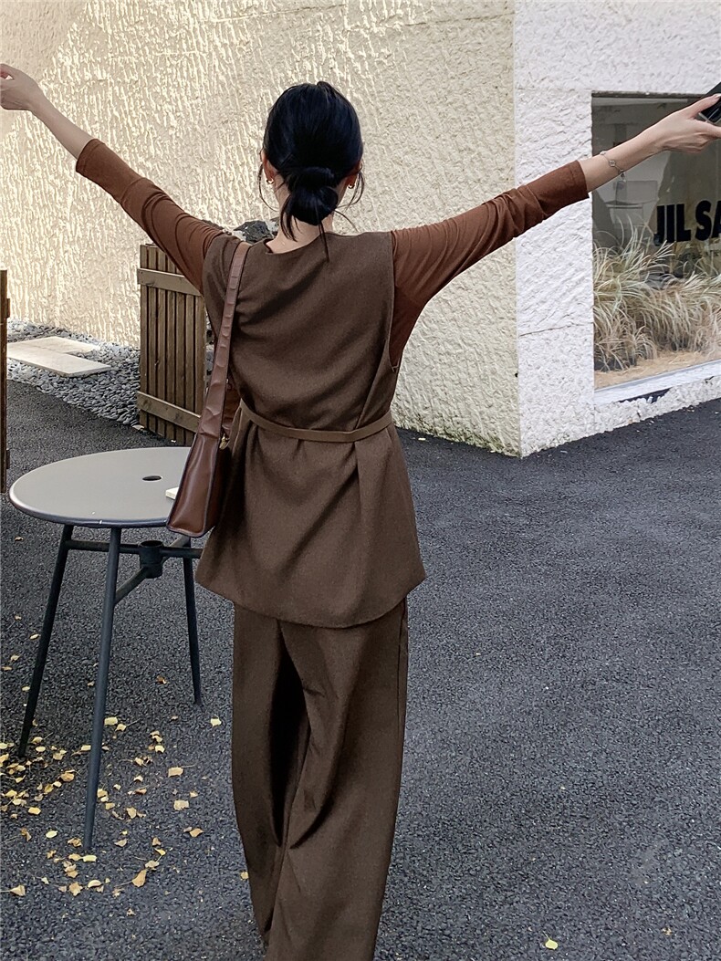 高级轻熟风穿搭咖色马甲套装女2025春秋超火好看阔腿裤气质三件套,女装套装/套裙,蝶眷