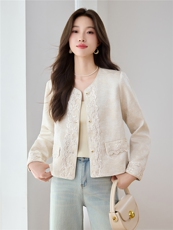 小香风重工蕾丝拼接外套女2026秋季新款减龄气质百搭圆领西装上衣，女装短外套，木橙西子