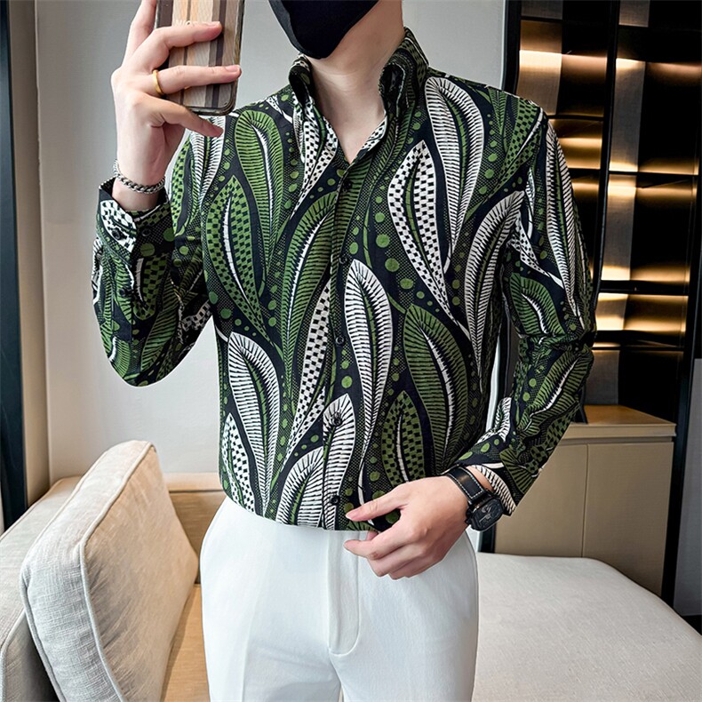 秋冬痞帅大V领印花长袖衬衫社会小伙店主风301A-1/CS613/P55，男装衬衫，星座301A-1