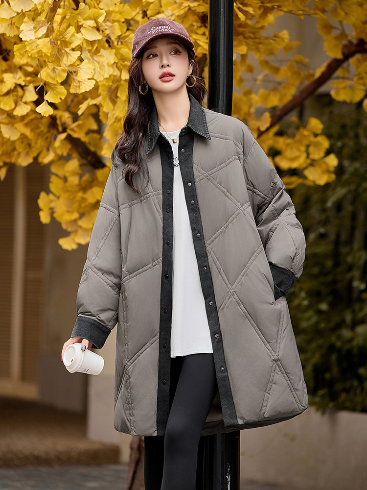 现货主推~白鸭绒羽绒服2004气质牛仔拼接大气百搭外套女装,女装羽绒服,半夏