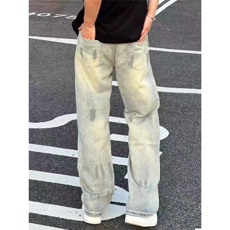 扎染泼墨牛仔裤男款美式vibe风格裤子高街潮牌痞帅直筒弯刀微喇裤,男装牛仔裤,星座506A